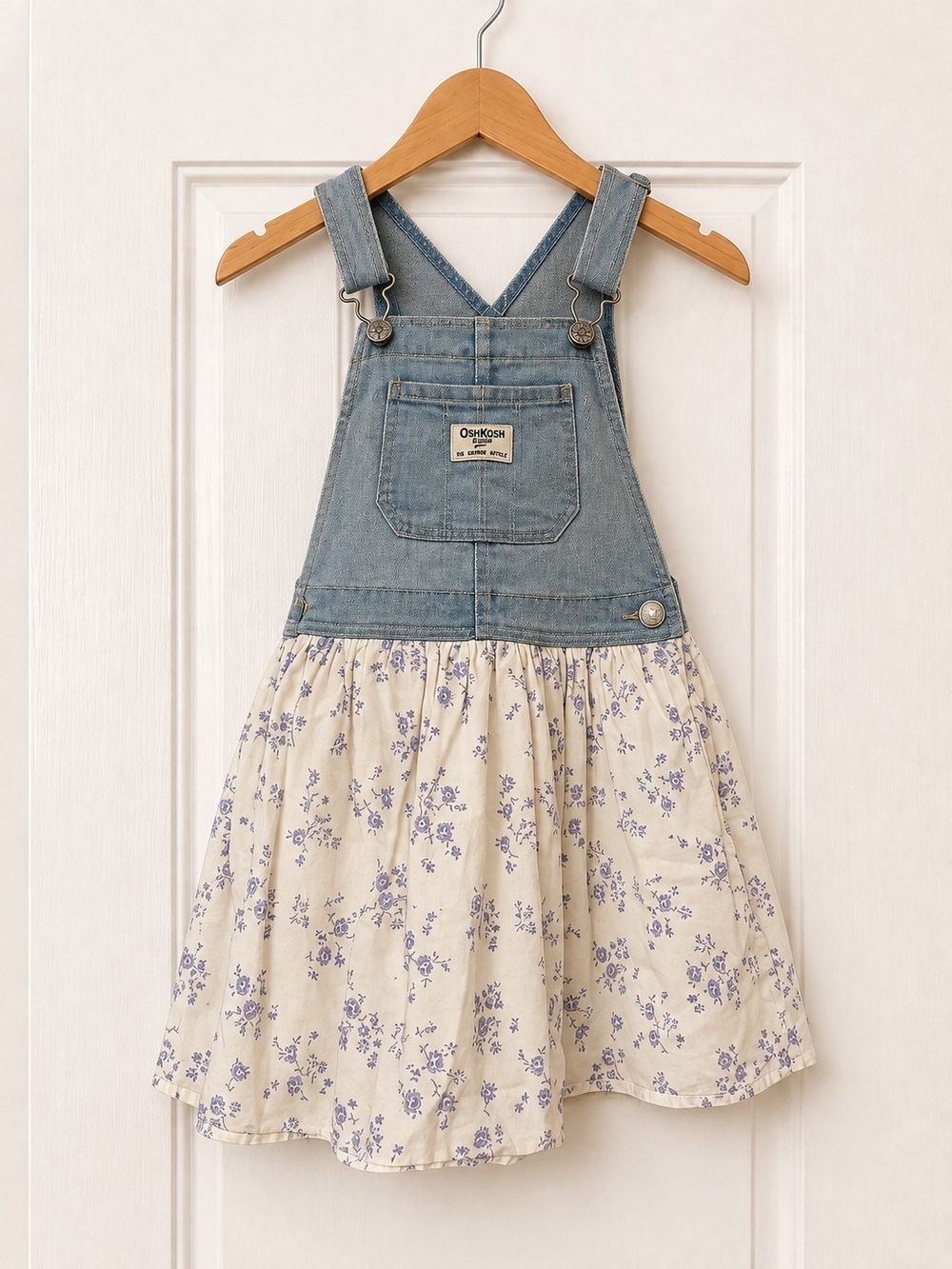 OshKosh B'gosh Light Blue Denim Bib Dress with Cream Floral Skirt